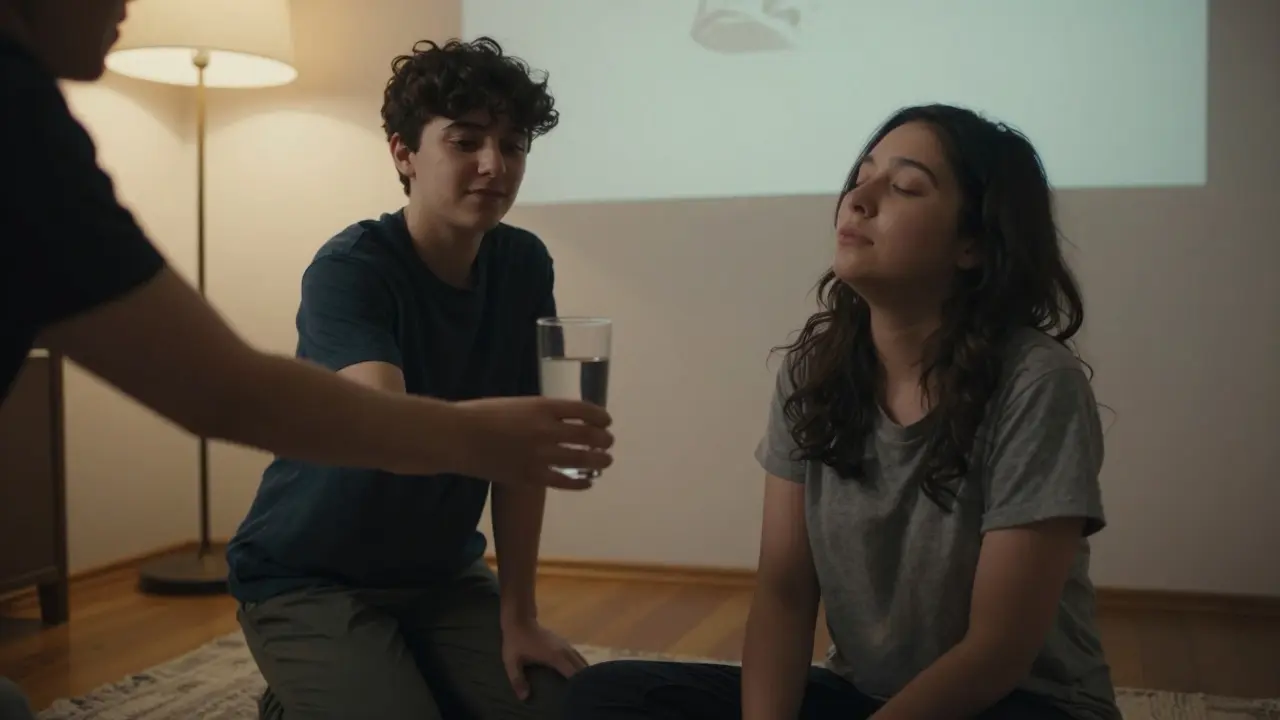 Někdo podává sklenici vody druhému, kteří sedí v klidné atmosféře.