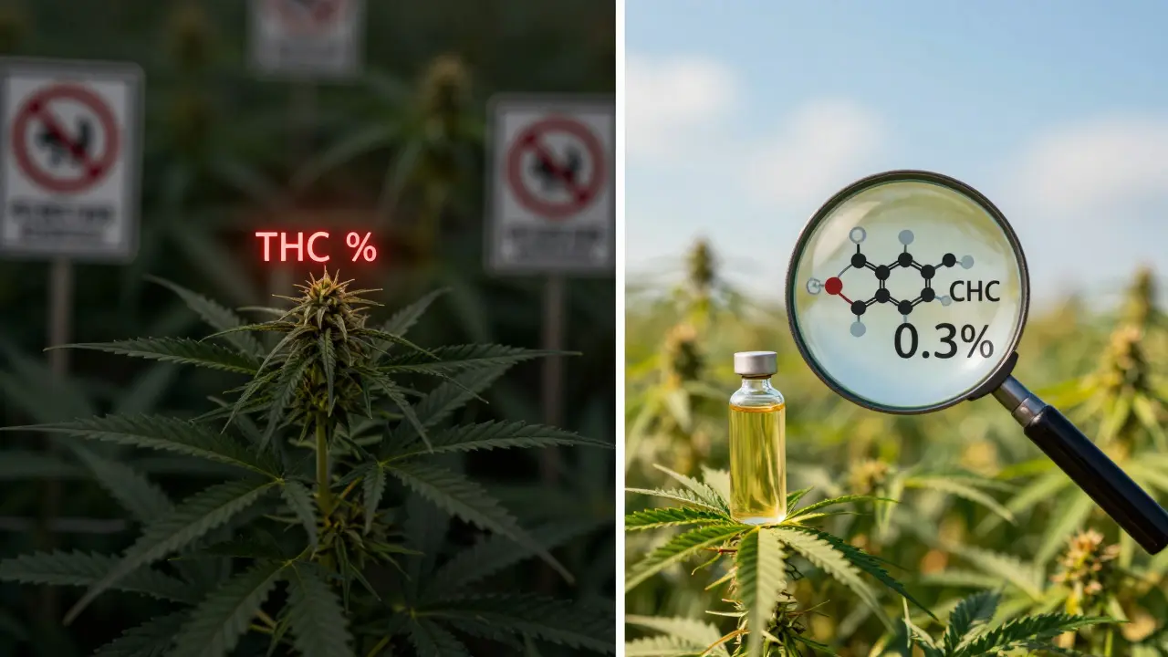 Rozdělený obrázek: marihuana s červenými zákazovými značkami a průmyslové konopí s CBD olejem a 0,3% THC.