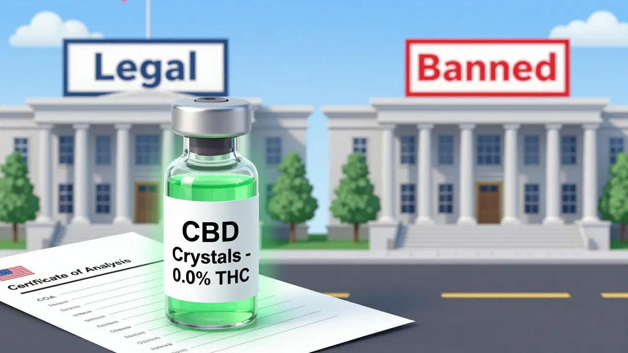 Skleněná lahvička s CBD krystaly při skenování certifikátem COA, s rozděleným pozadím federální legální a státní zakázané zóny.