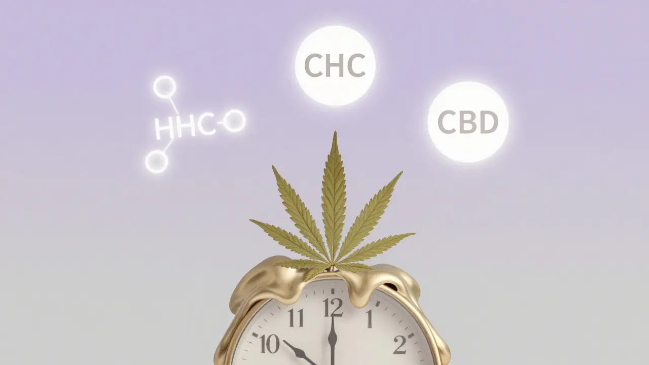 Tajemná abstraktní scéna s tajícími hodinkami a třemi cannabinoidy v pastelových tónech.