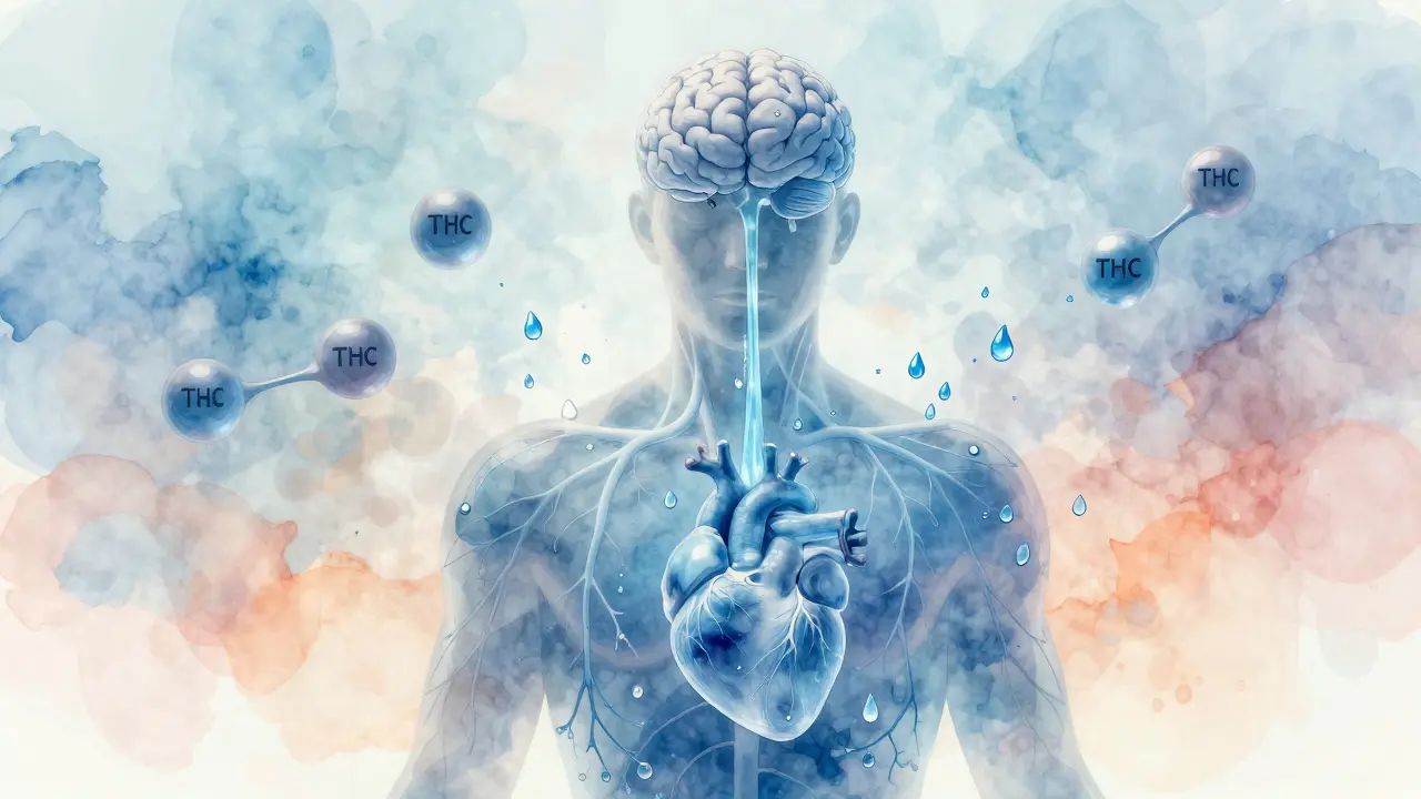 Transparenční ilustrace lidského těla s vodními kapkami proudícími k mozku a srdci, symbolizující hydrataci při high.