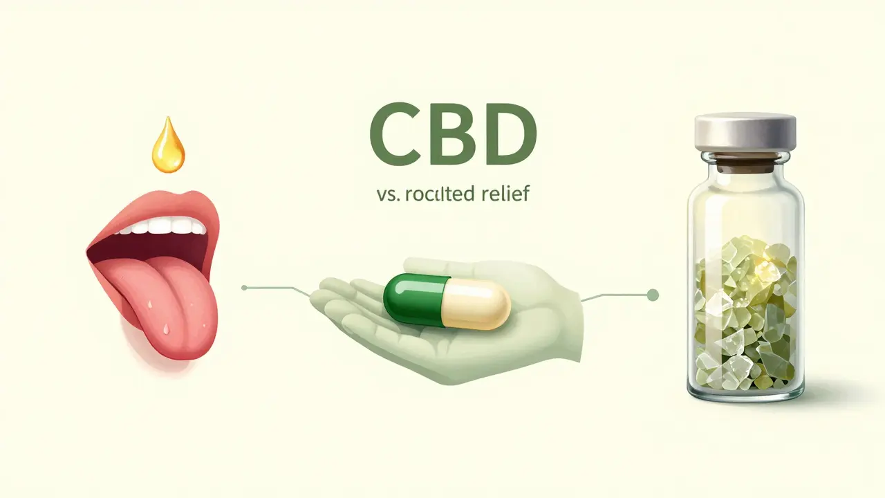 Tři formy CBD: kapky, kapsle a kristaly, každá symbolizuje jiný způsob úlevy.