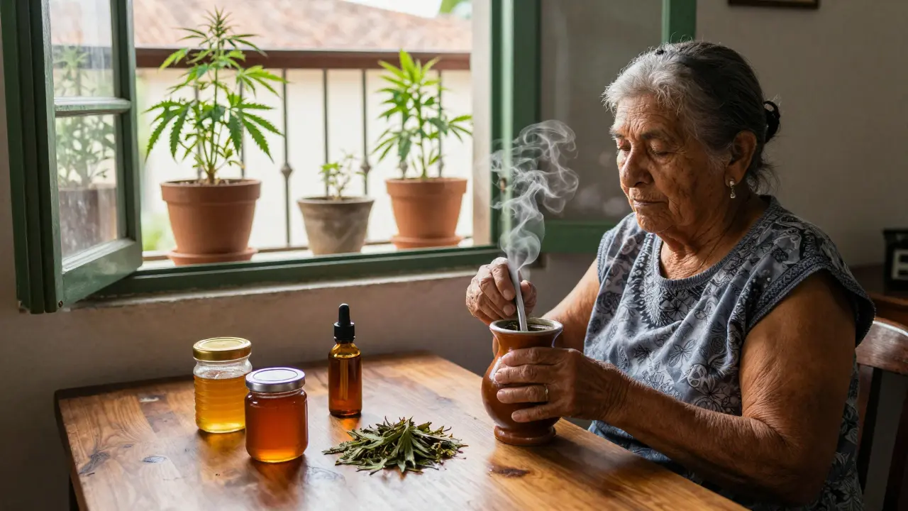 Woman in Uruguay brewing hemp-infused mate tea in a traditional gourd.