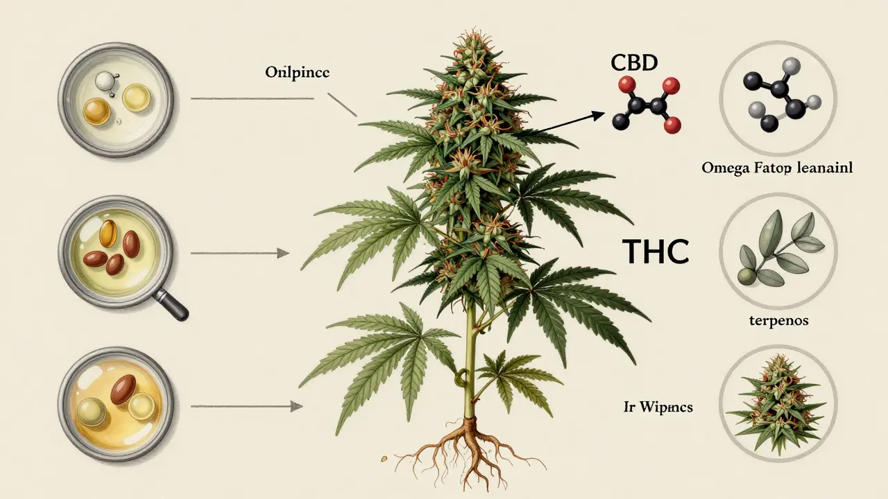 Botanická ilustrace konopí s označenými částmi a molekulami CBD a THC.