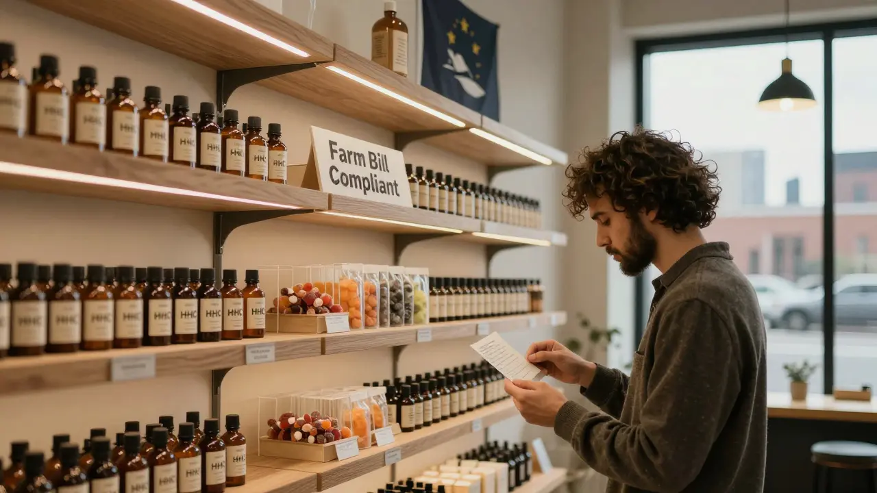 Customer examining HHC products in a hemp store with Farm Bill labeling.