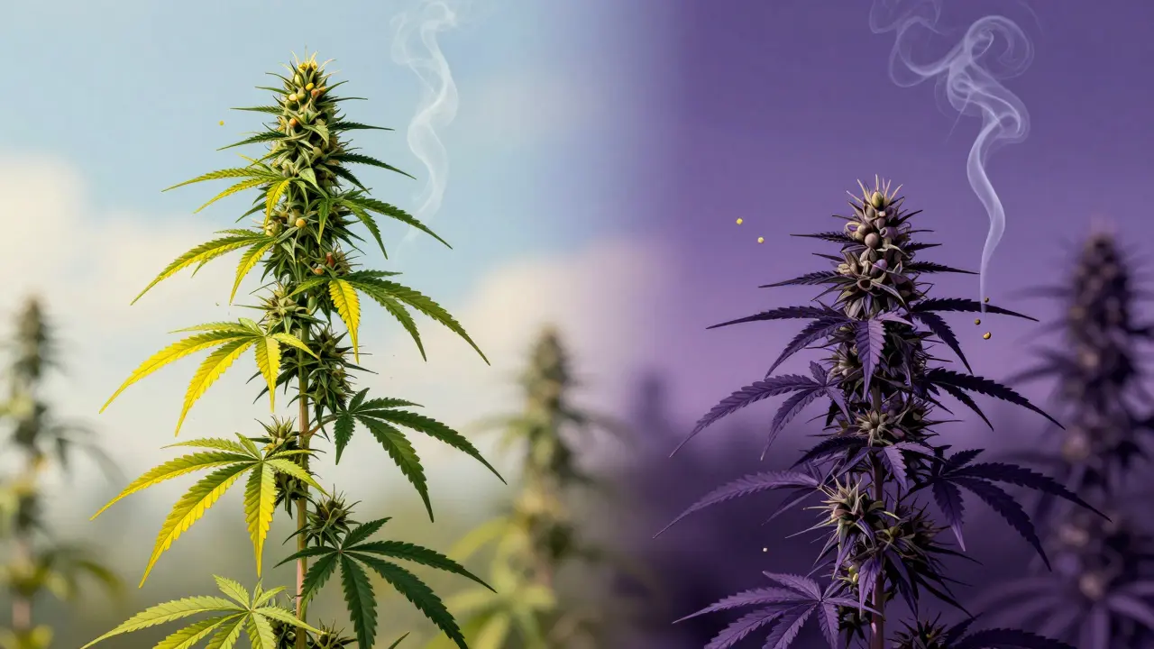 Dva kontrastující typy konopí: vysoká sativa s citrusovými odstíny a nízká indica s fialovými listy a kouřem.