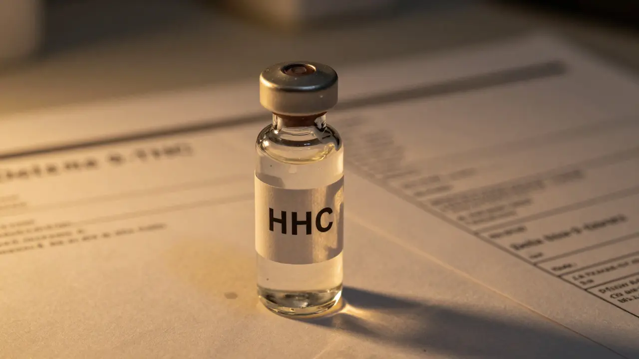 Dva lahvičky s HHC a Delta 9 vedle sebe, jedna nečistá, druhá čistá, s certifikátem.