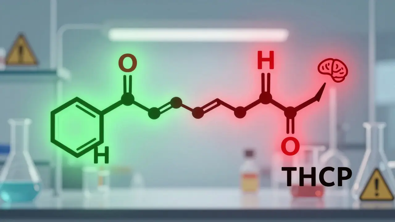 Dvě chemické struktury: THC o 7 uhlících a THCP o 9 uhlících, druhá září silnějším světlem.