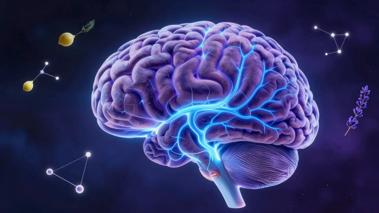 Ilustrovaný lidský mozek s rozsvícenými neurony, kde modré cesty symbolizují sativu a fialové indica, s terpeny jako hvězdy.