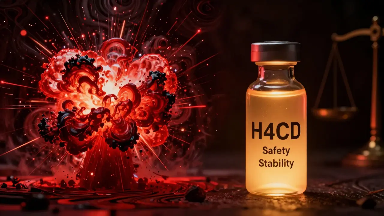 Kontrast mezi výbuchem THC-O a klidným světlem H4CBD, znázorňující sílu versus bezpečnost
