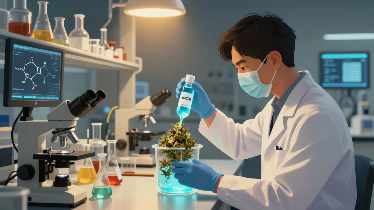 Laboratorní proces obohacování konopných květů chemickou látkou H4CBD.