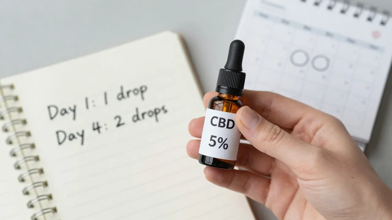 Lahvička CBD oleje 5% s poznámkami o postupném zvyšování dávky.