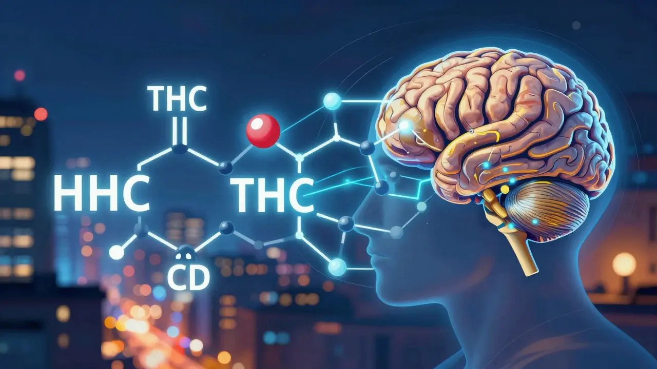 Molekulární struktura HHC spojená s THC a CBD, s obrazem mozku a odlišnými scénami energie a klidu.