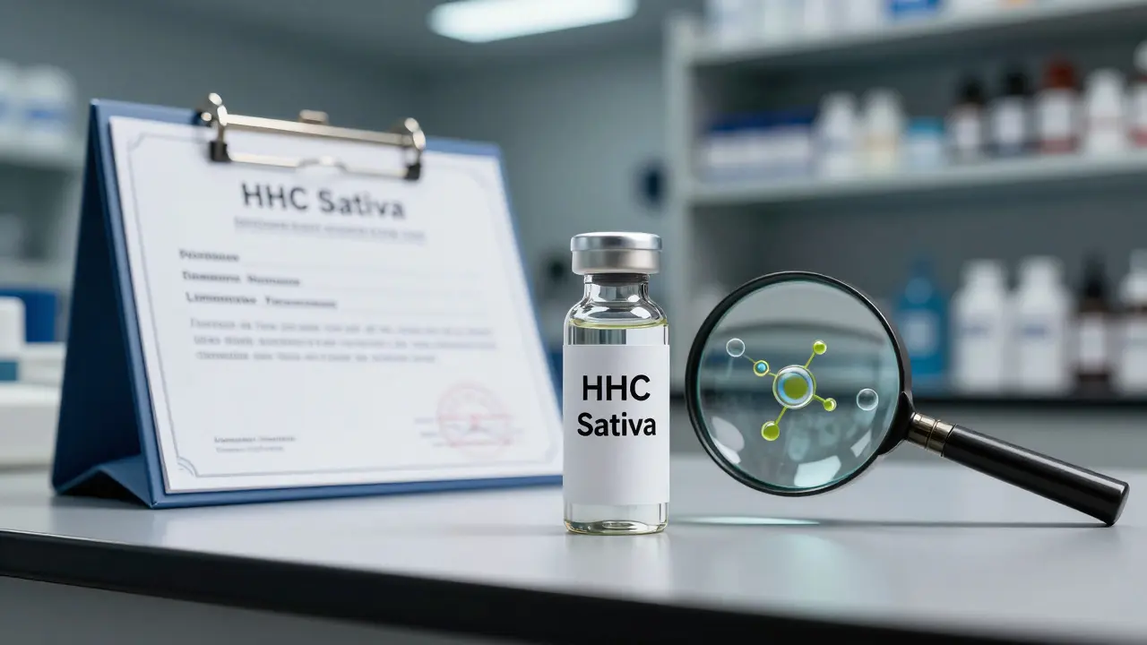 Průhledná lahvička HHC s laboratorním certifikátem a terpeny, vedle neoznačených vape produktů na pozadí.