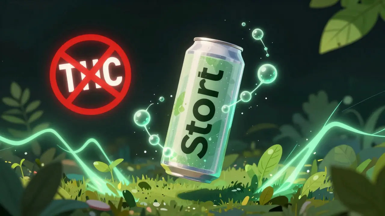 Průhledná plechovka energiového nápoje s CBD, kolem ní se vznášejí molekuly a zakázaný symbol THC je přeškrtnutý.