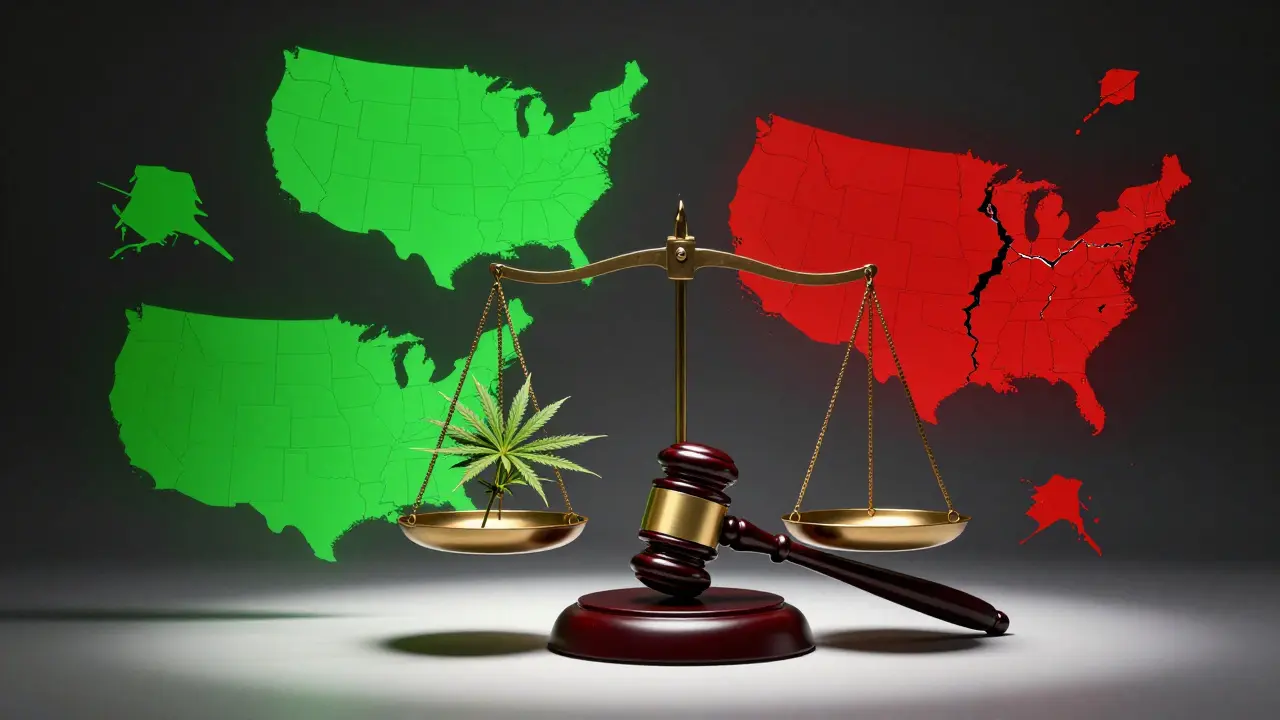 Symbolic scale balancing hemp plant against gavel, with U.S. states in green and red.
