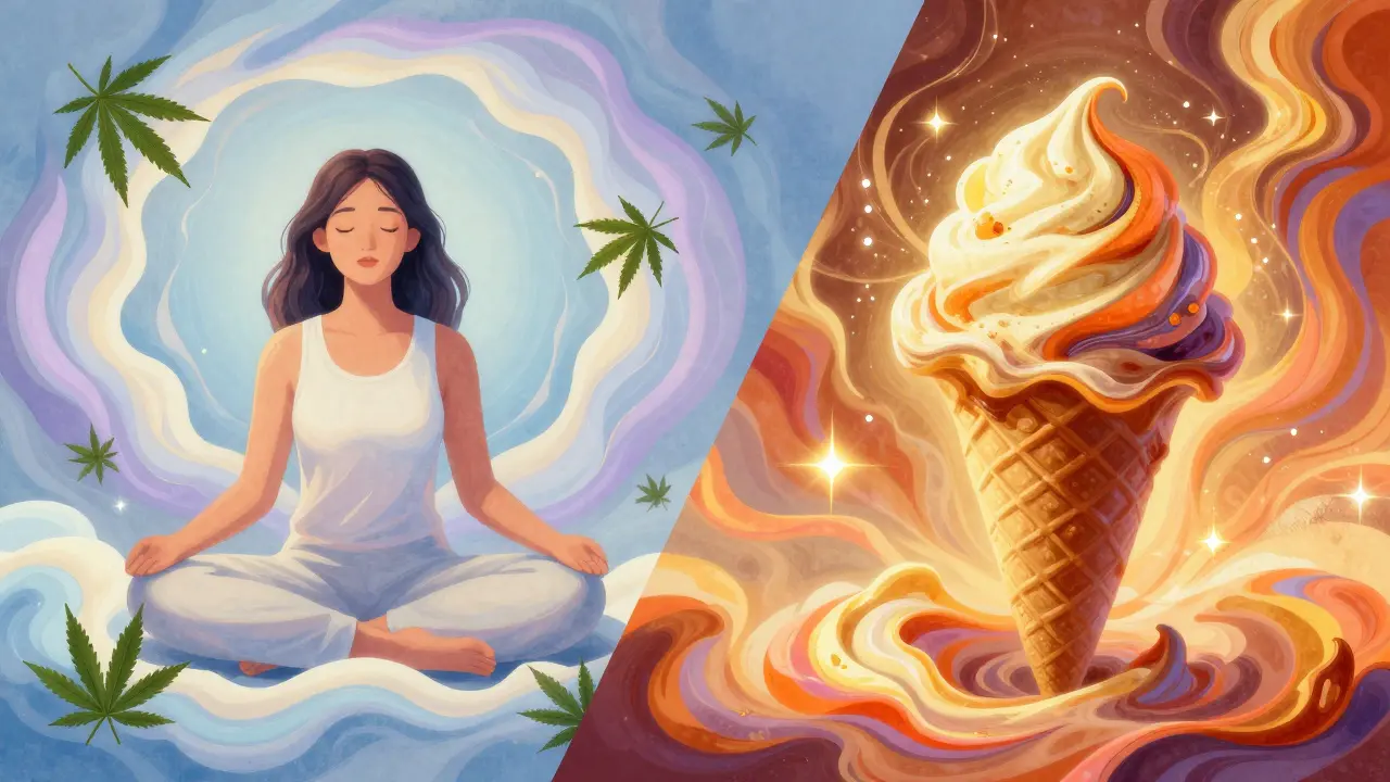 Konceptuální ilustrace znázorňující uklidňující účinek CBD a euforii THC.