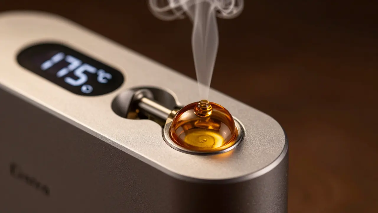Moderní vaporizér s kapkou live resinu nastavený na bezpečnou teplotu