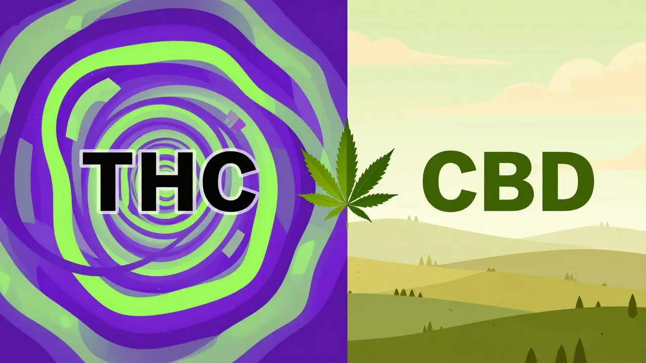 Konceptuální ilustrace porovnávající psychotropní účinky THC a relaxaci CBD.