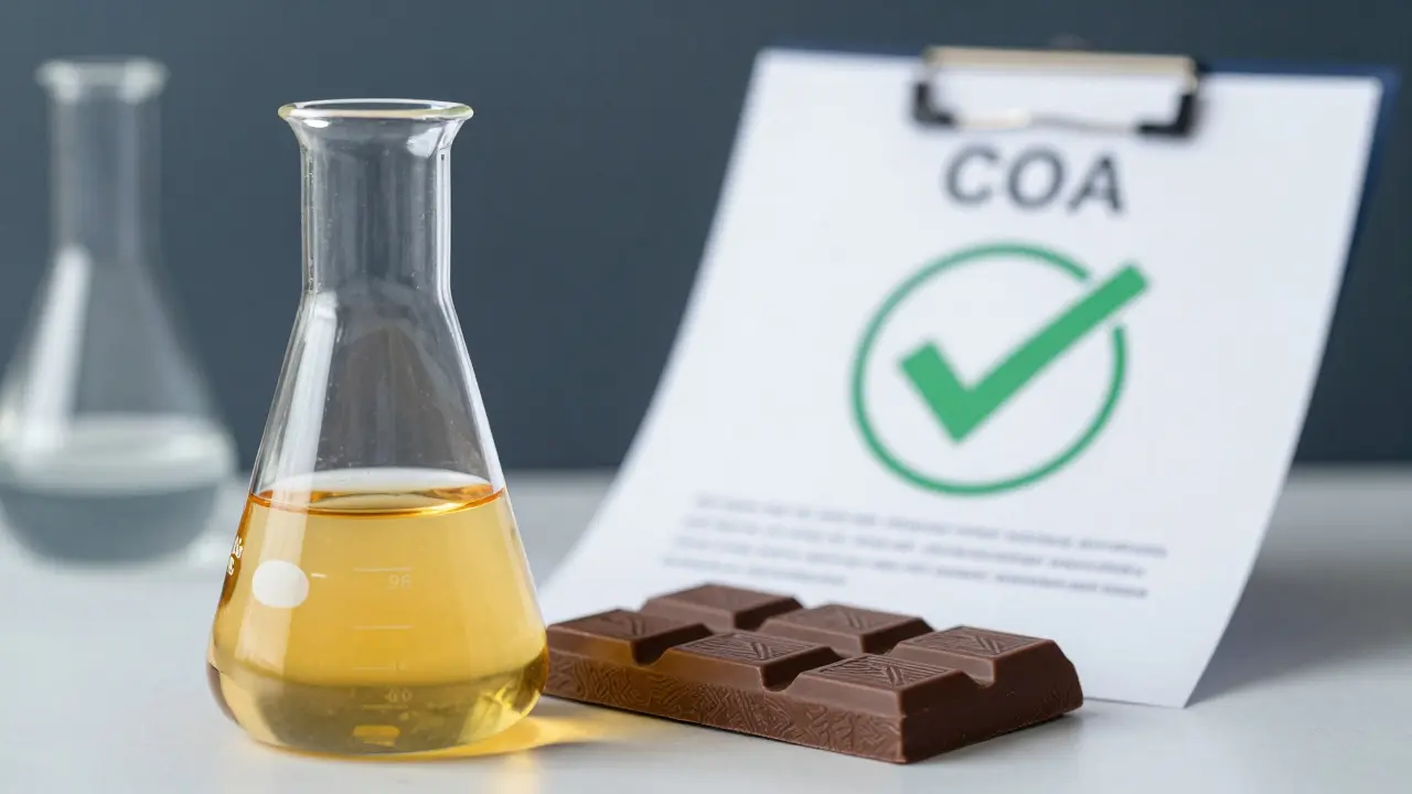 Laboratorní baňka a certifikát vedle čokolády pro důraz na kvalitu