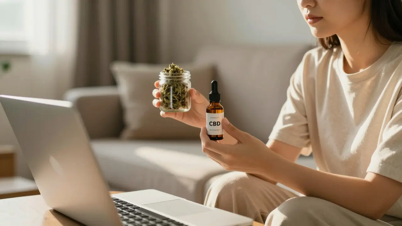 Člověk váhající mezi koupí konopné květiny a CBD oleje
