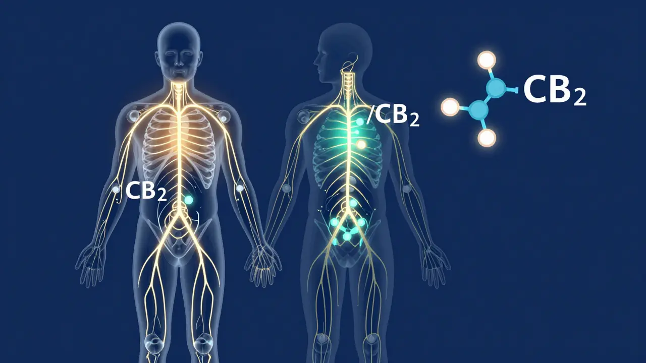 Konceptuální ilustrace endokanabinoidního systému a interakce CBD s receptory