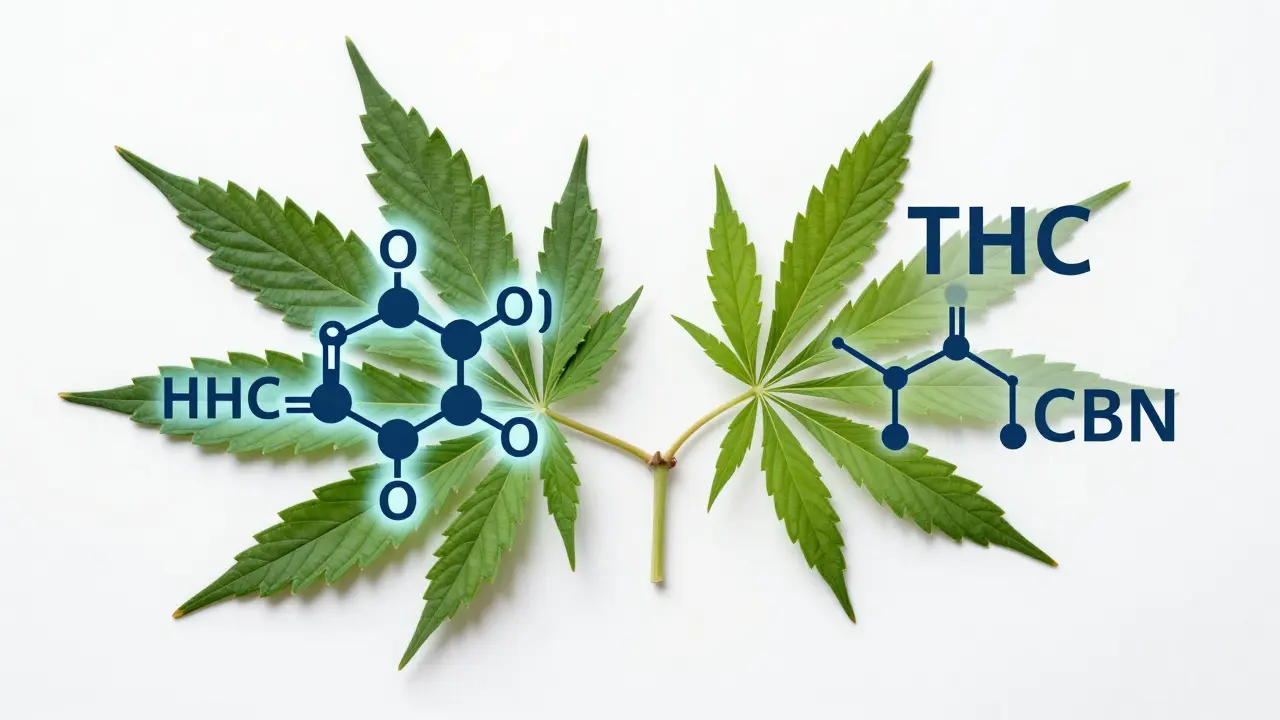 Konceptuální porovnání molekul HHC a THC na pozadí konopných listů
