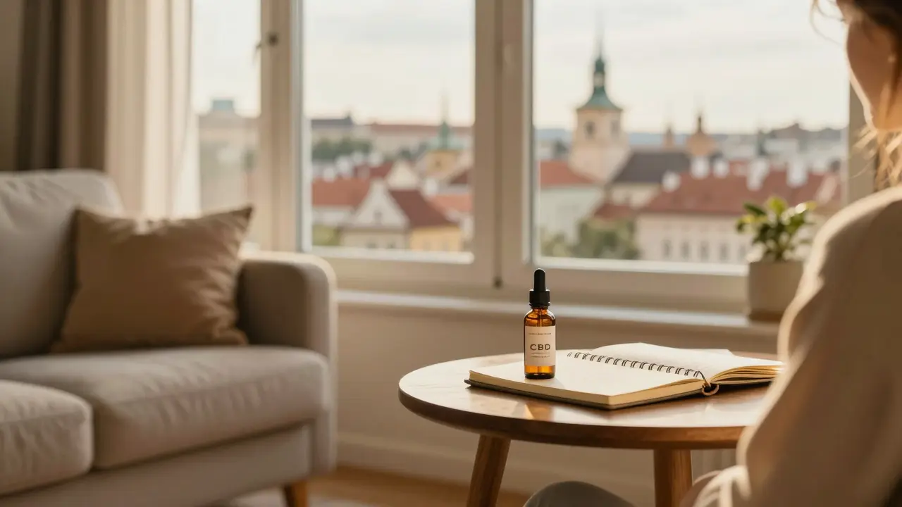 Osoba relaxující s CBD olejem v klidném domácím prostředí