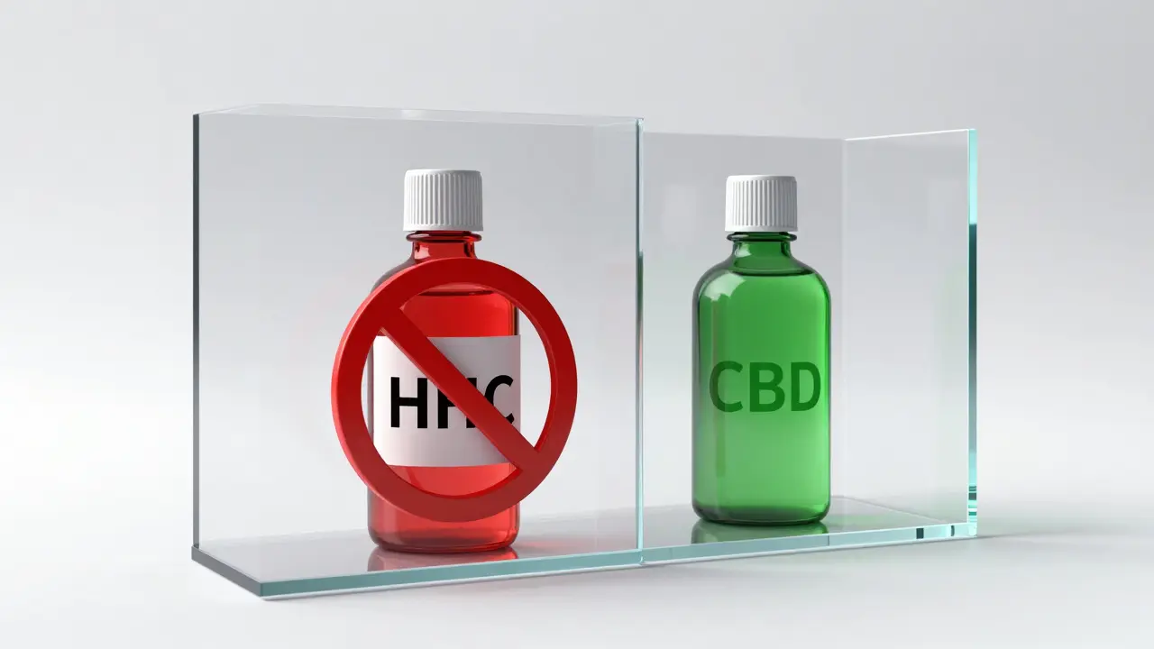Symbolické znázornění zákazu HHC a legálního CBD v UK