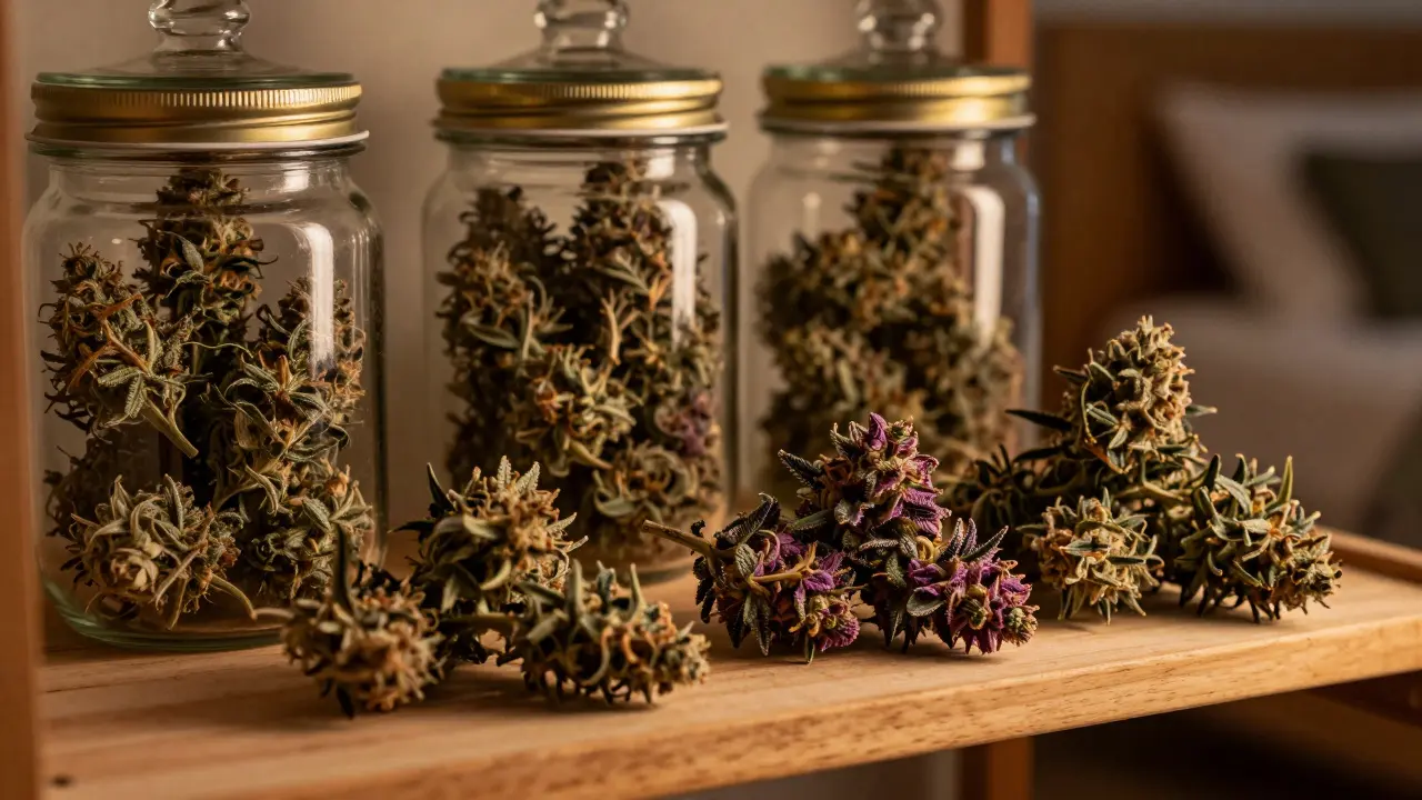 Zestárnuté květy odrůd Afghan Kush a OG Kush ve sklenicích
