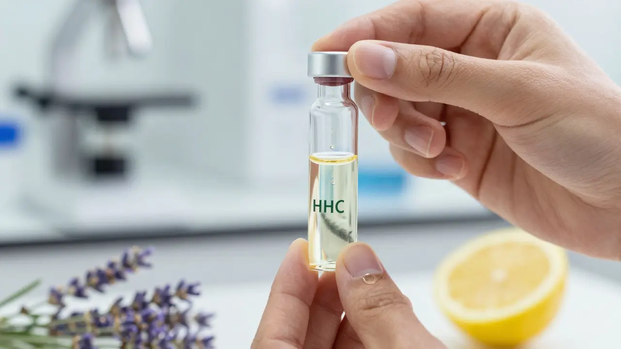 Zkoumavka s čistým extraktem HHC vedle levandule a citronu v laboratoři.