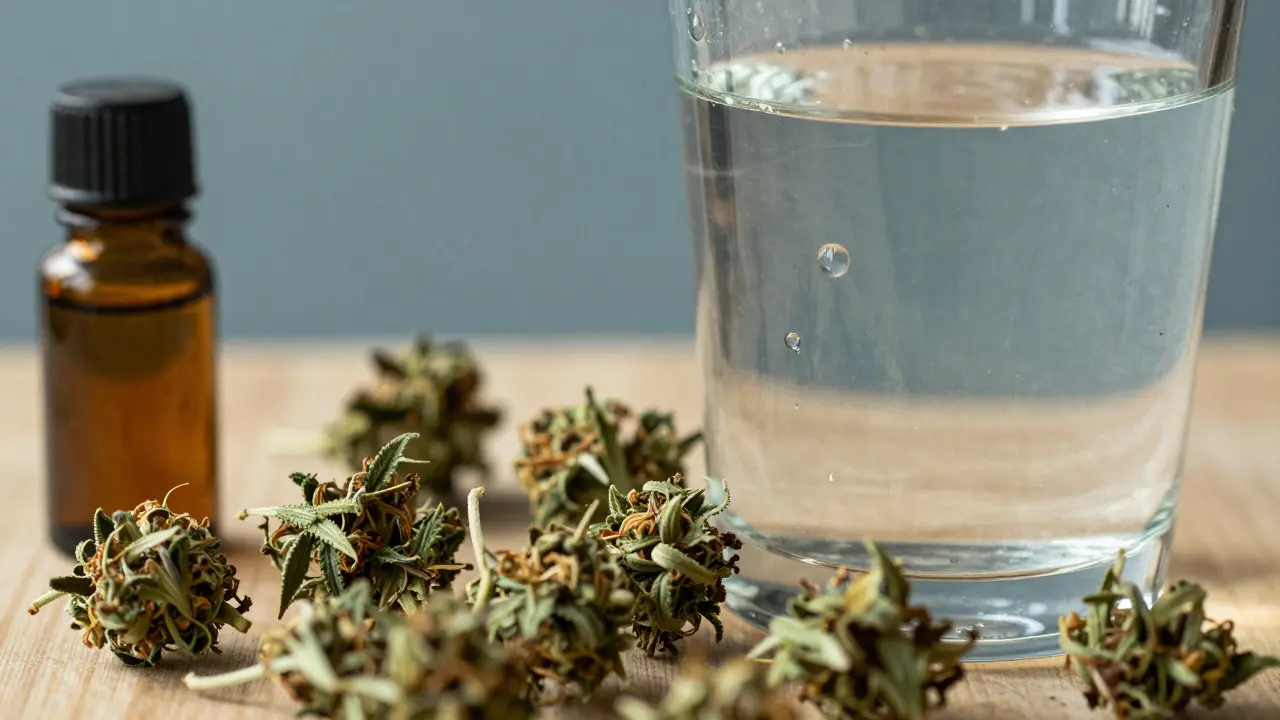 CBD květy vedle sklenice vody pro hydrataci