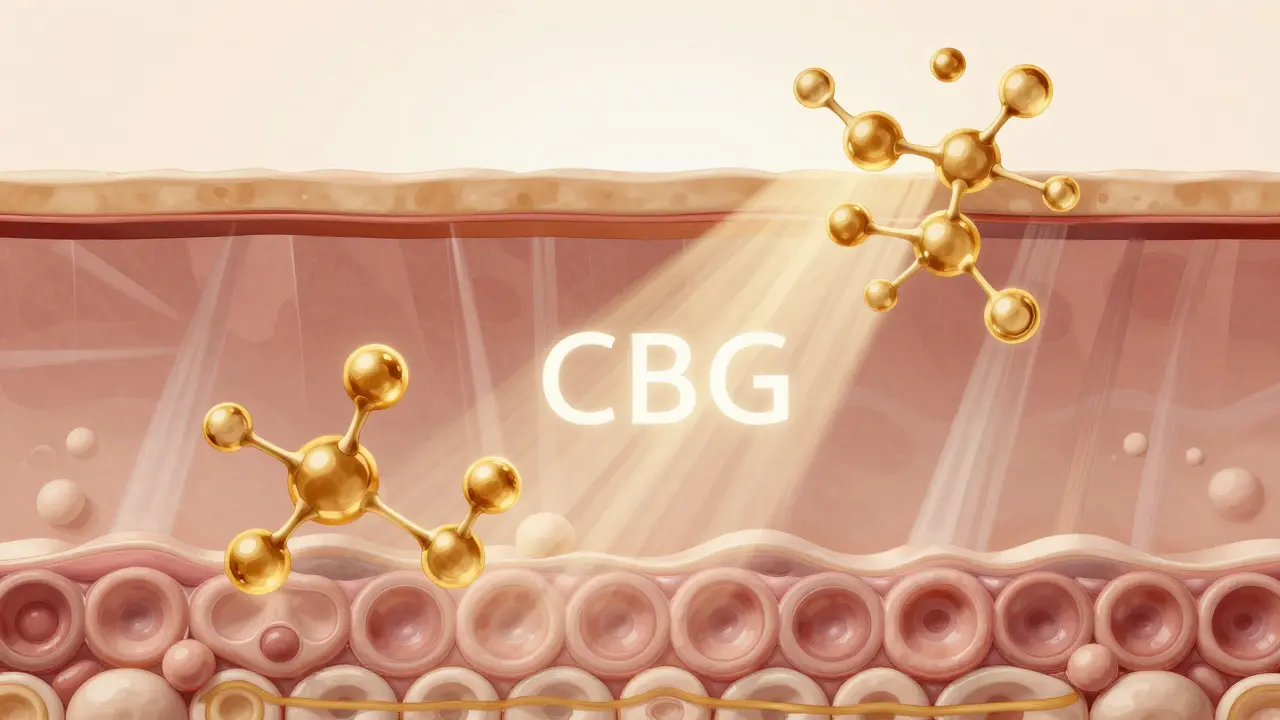 Konceptuální ilustrace pronikání molekul CBG do vrstev kůže
