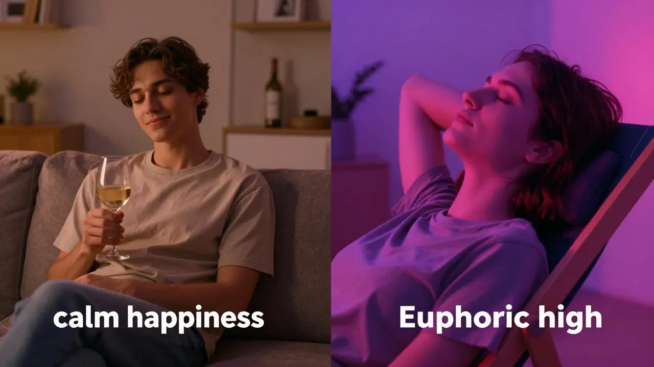 Rozdělená scéna ukazující klidnou relaxaci versus euforický zážitek z kanabinoidů