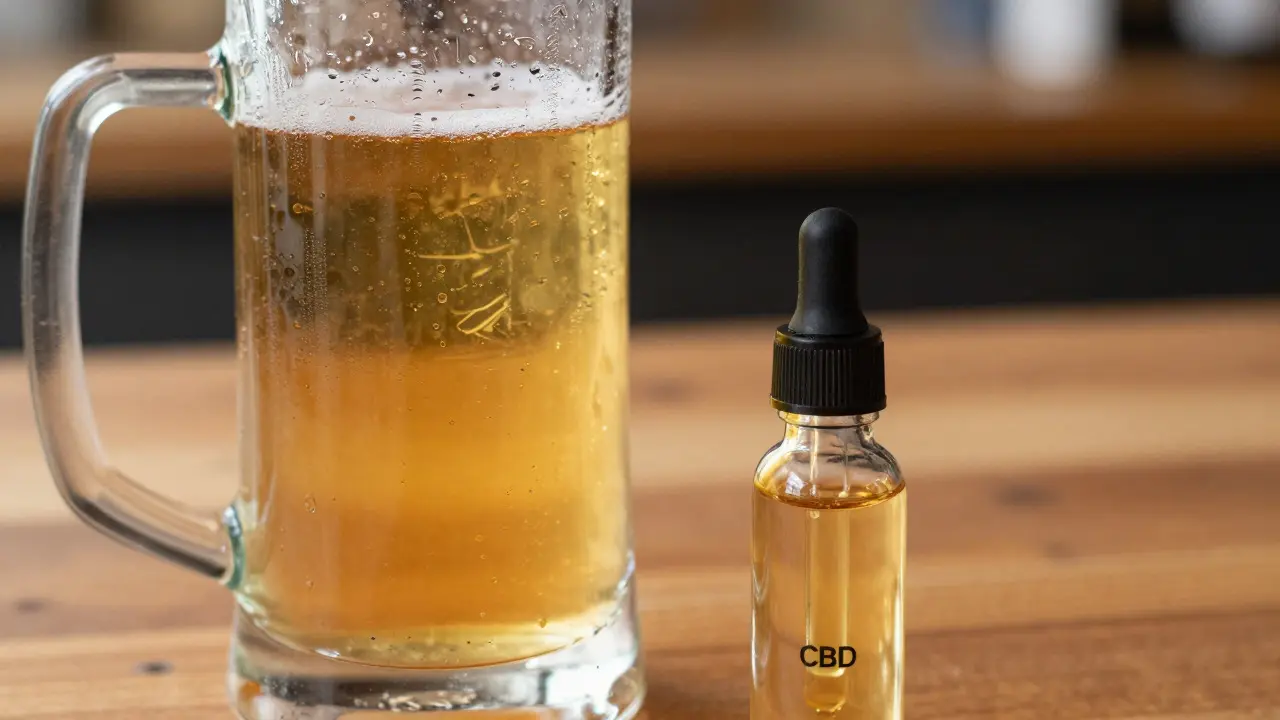 Sklenice piva vedle lahvičky s CBD extraktem