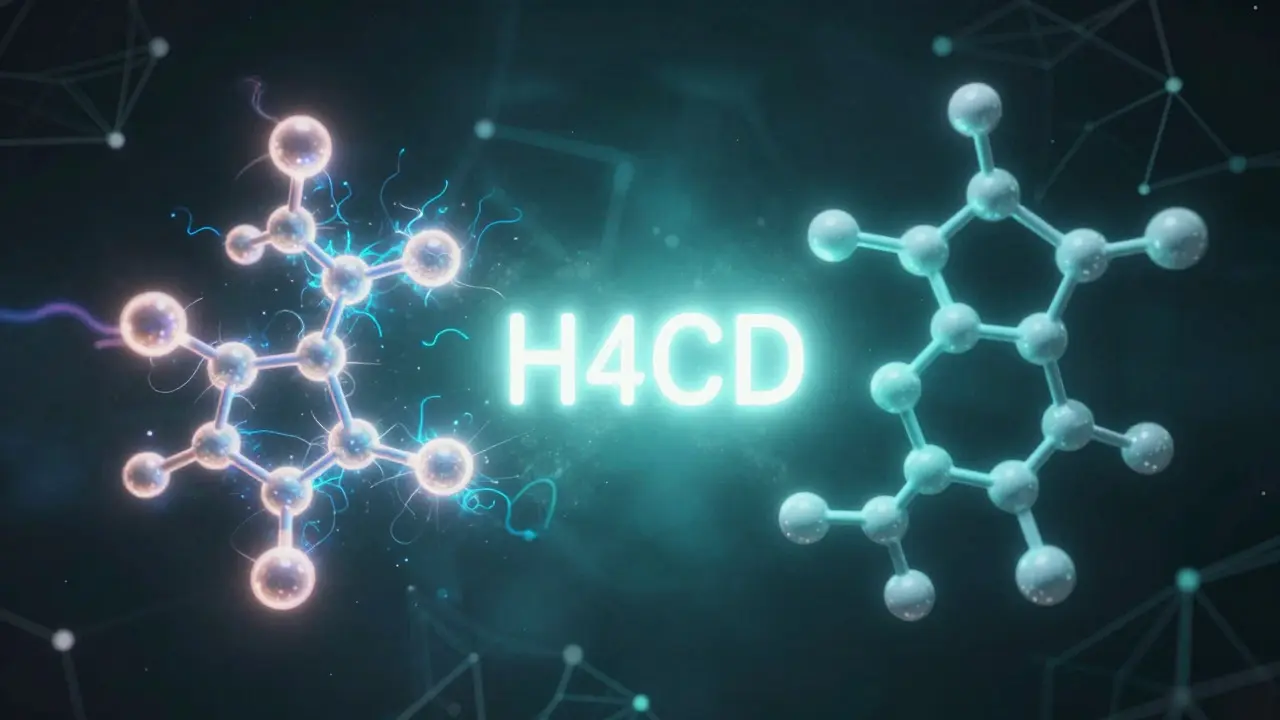 Abstraktní molekuly THC, CBD a H4CBD v rovnováze