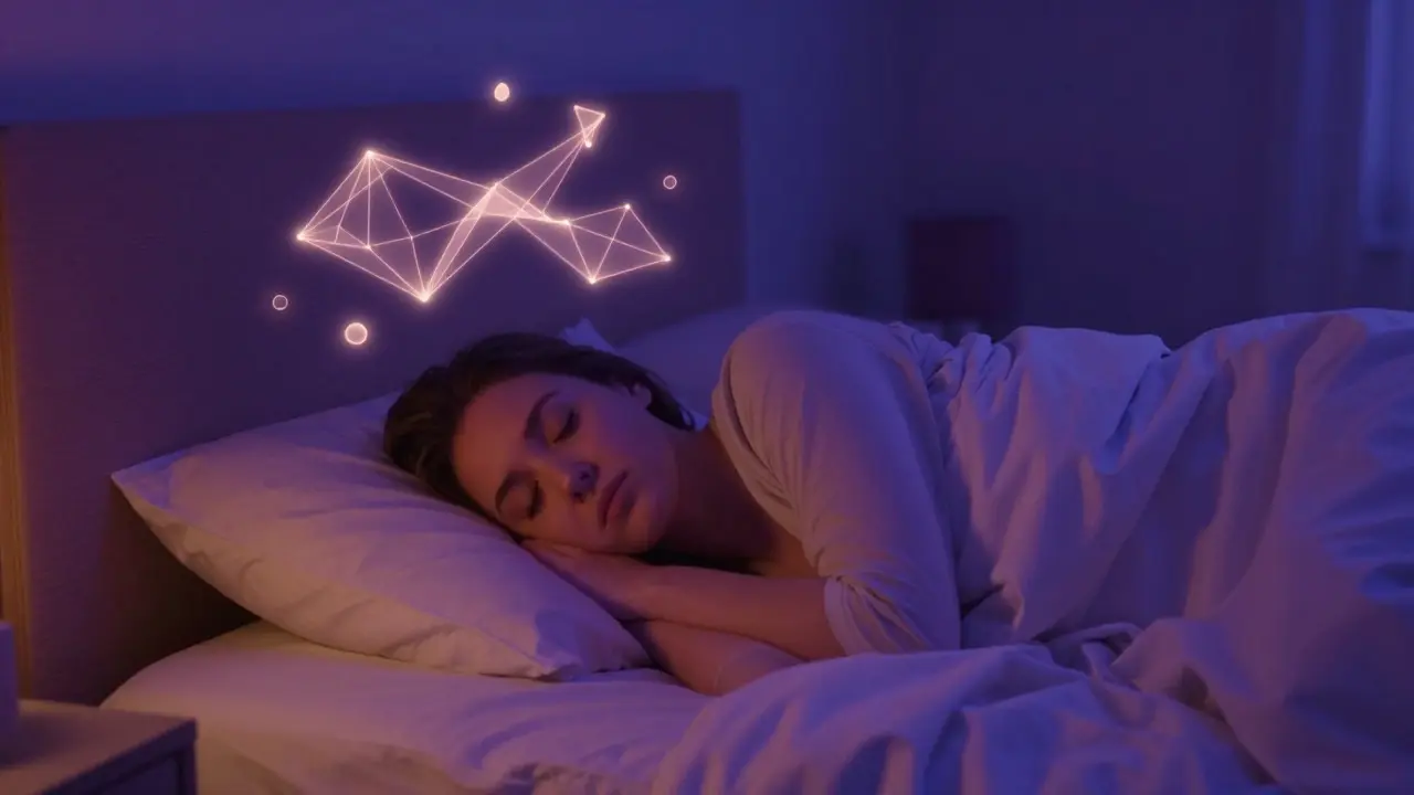 Atmosférická scéna spánku a relaxace s abstraktními světelnými prvky