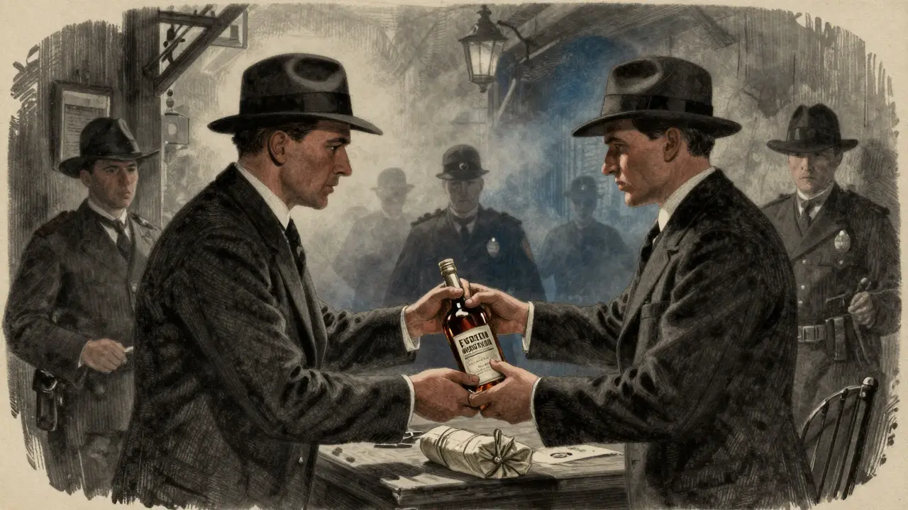 Ilustrace podzemního obchodu s alkoholem z éry prohibice
