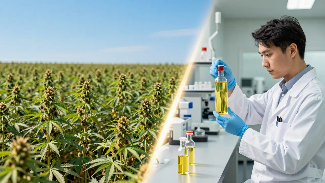 Koncepční obraz spojující konopné pole s laboratoří pro kontrolu kvality