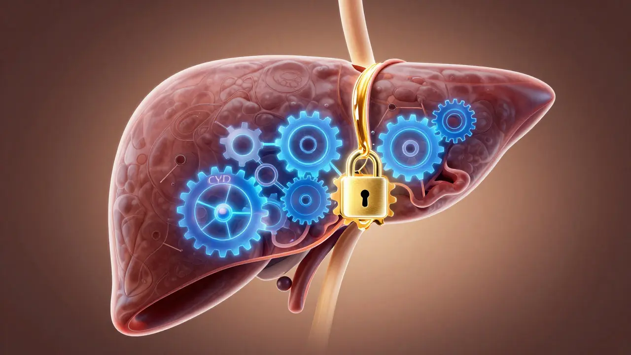 Konceptuální ilustrace jater ukazující inhibici enzymů CBD olejem