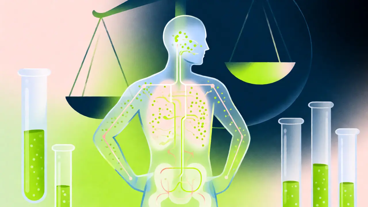Konceptuální ilustrace lidského těla ukazujícího metabolizmus stopových látek z doplňků stravy.