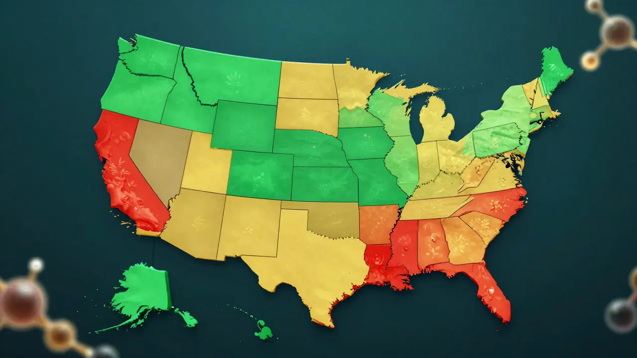 Konceptuální mapa USA s barevným kódováním legality kanabinoidů