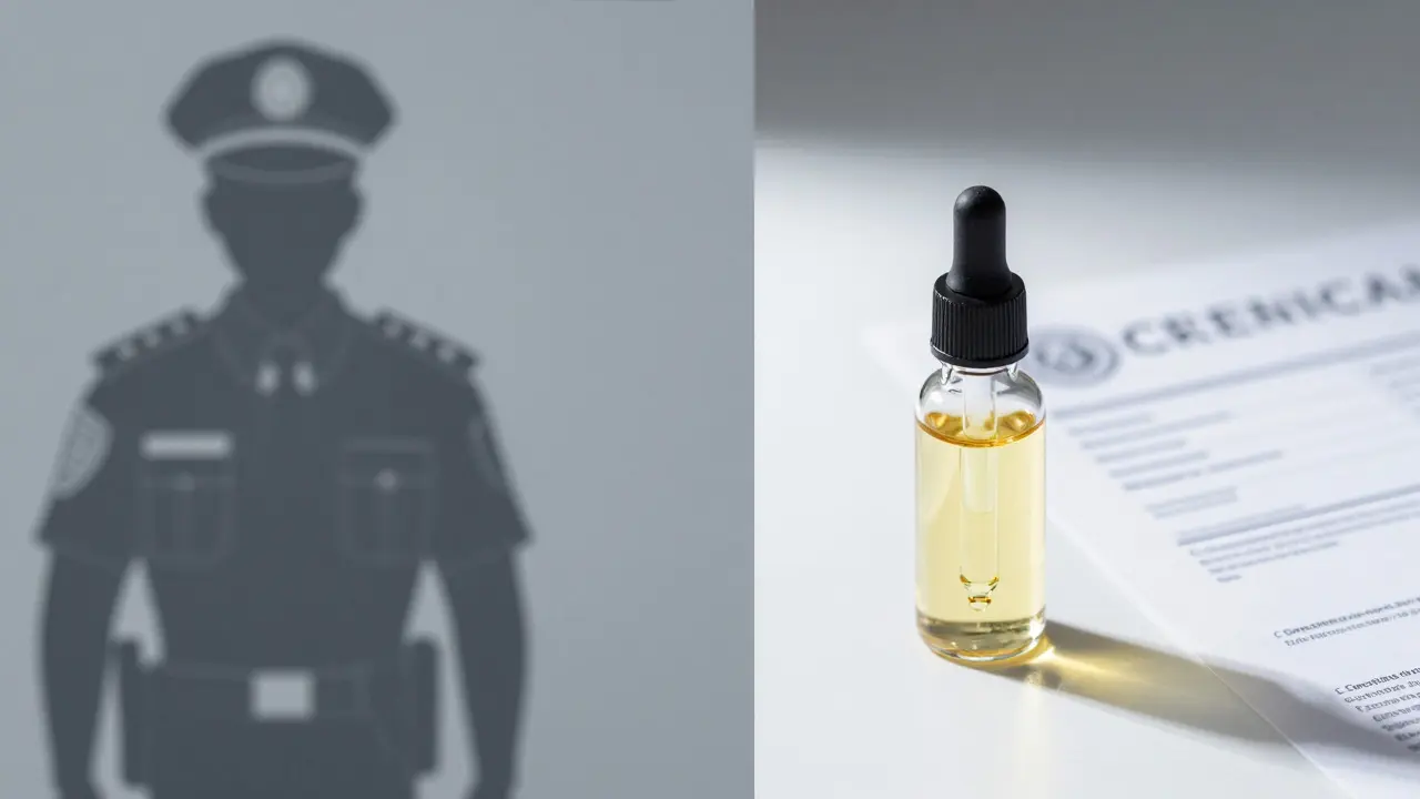 Láhev oleje na laboratorním stole vedle dokumentů symbolizujících právní nejistotu