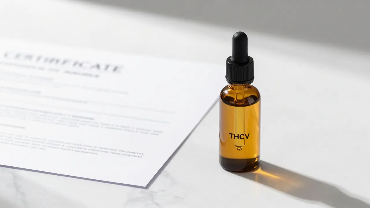 Lahev oleje THCV vedle certifikátu analýzy na mramoru
