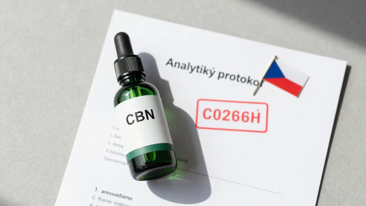 Lahvička CBN oleje vedle dokumentu o laboratorním testu