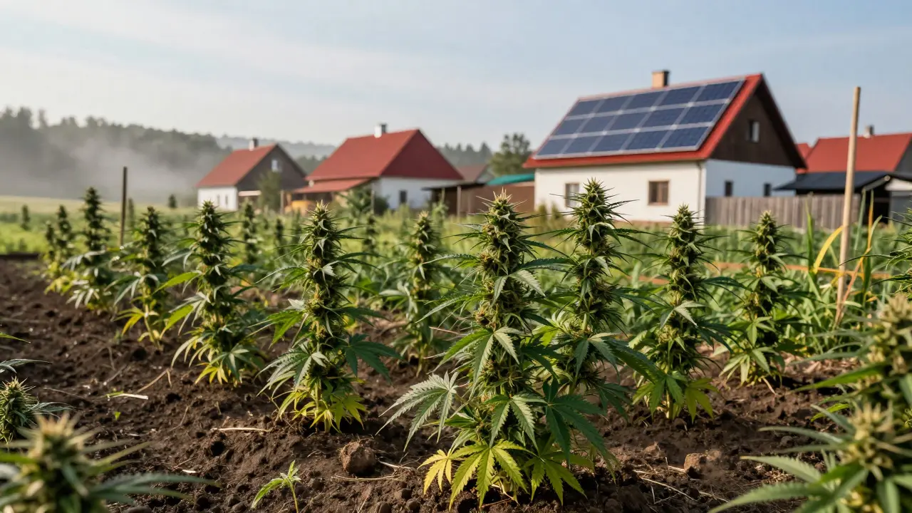 Malá rodinná farma s pěstováním konopí na venkově České republiky