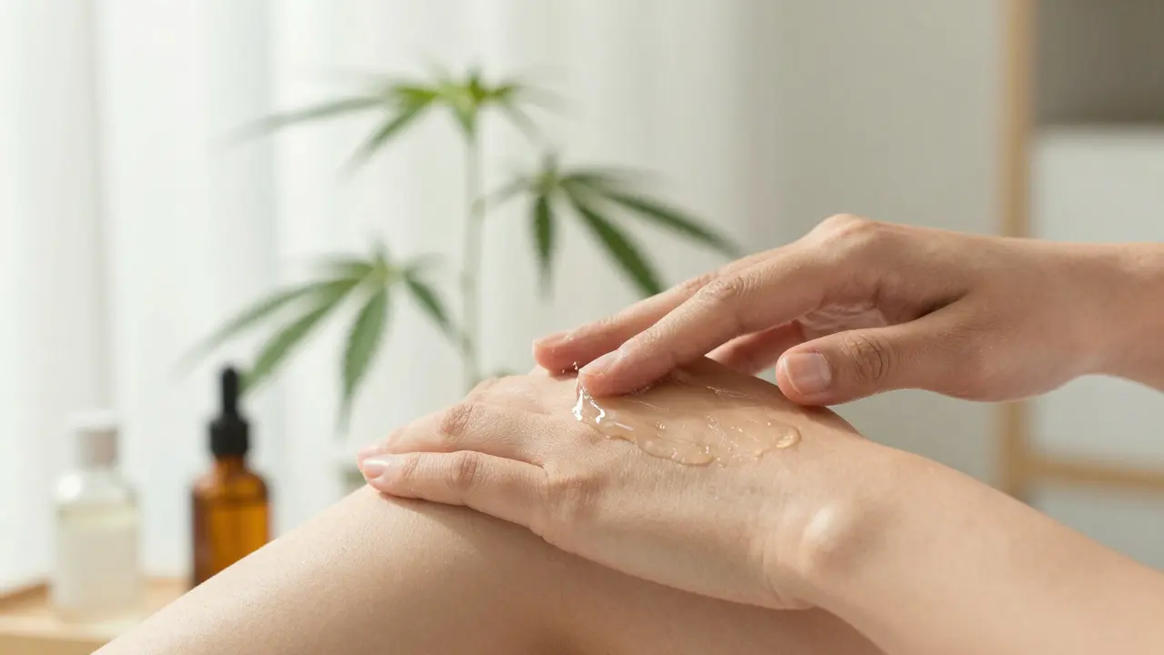 Ruce nanášející CBG gel na čistou kůži paže