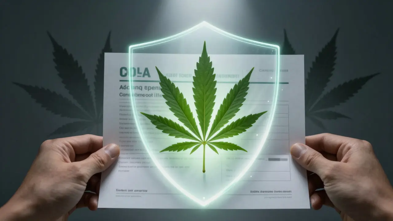 Ruka drží certifikát kvality chránící konopný list před nečistotami