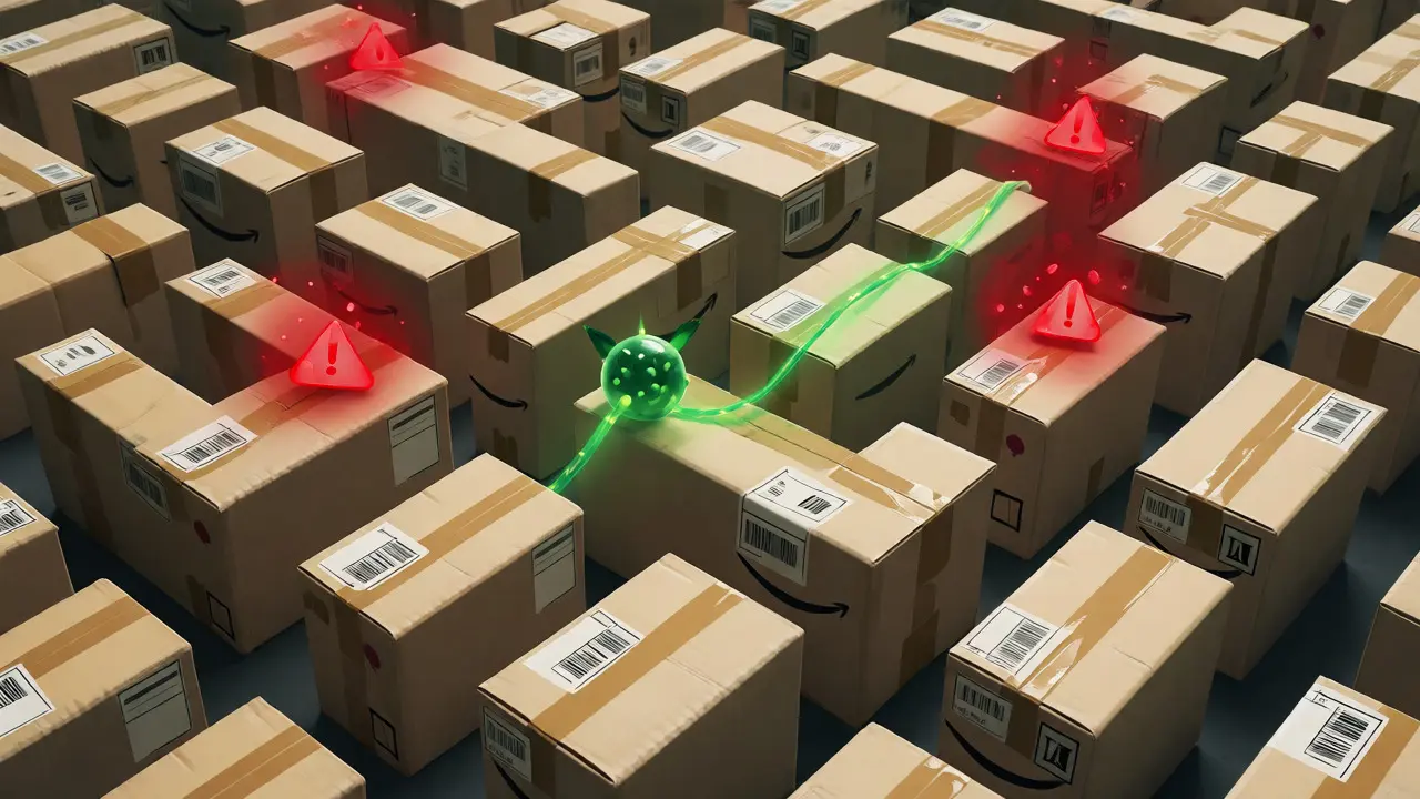 Abstract maze of shipping boxes with a green path navigating blocked zones