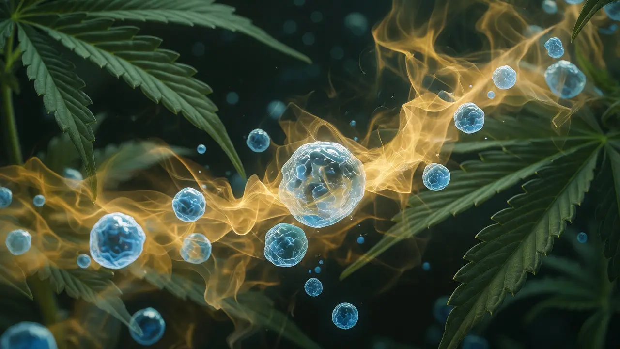 Abstraktní vizualizace interakce molekul CBD a terpenů v tmavém pozadí